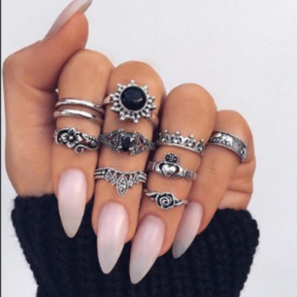 10 Pc Silver Trendy Boho Flower Hearts Stackable Ring Set - Picture 1 of 3